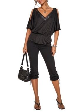 Costa Blanca Black Y2K Draped V-Neck Top 🖤✨